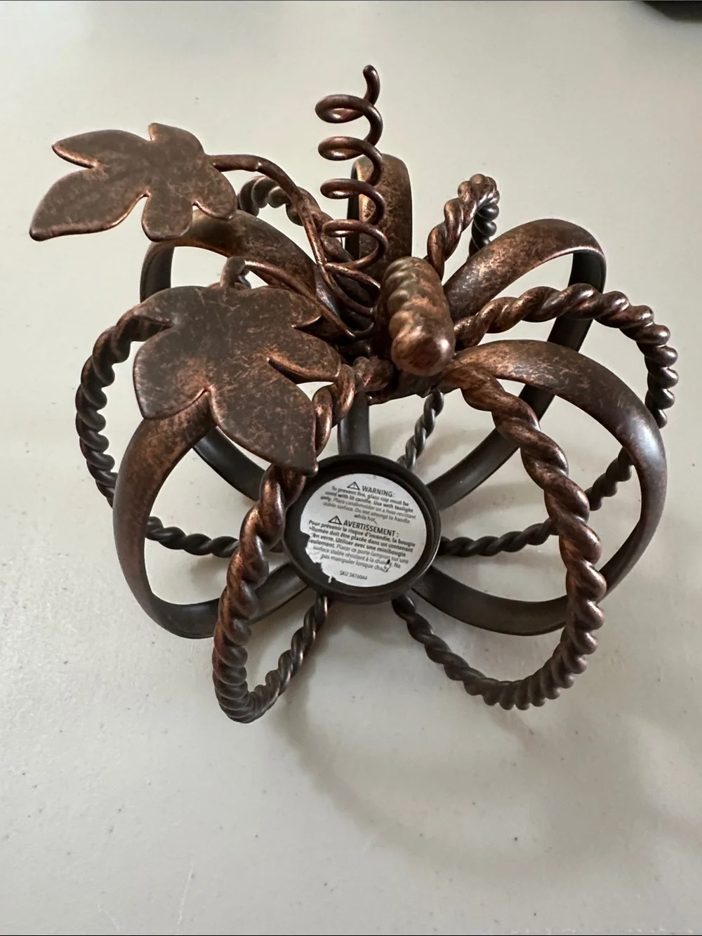 Pier 1 Bronze-Tone Twisted Metal Pumpkin Candle Holder with Amber Glass